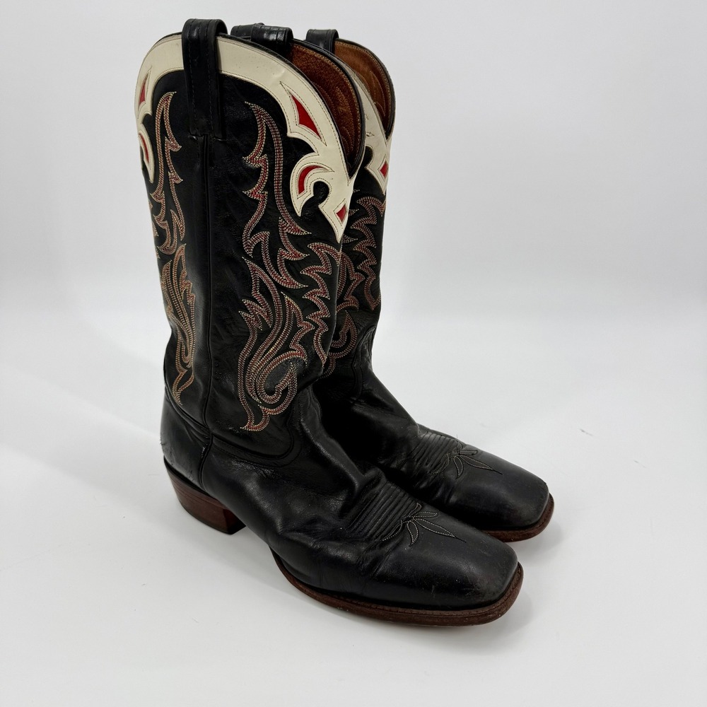 Classic Black Leather Western Cowboy Boots with White Accent